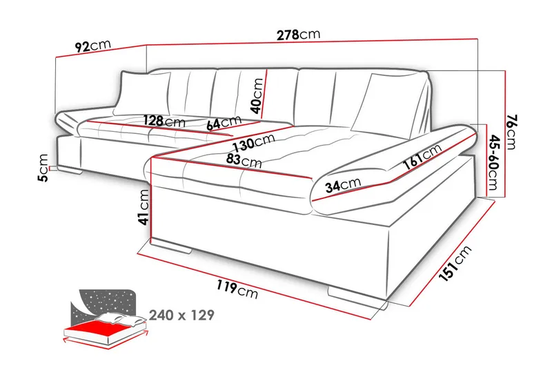 Malwi Divanbäddsoffa 278x162x76 cm - Grå - Möbler - Soffa - Bäddsoffa - Bäddsoffa divan