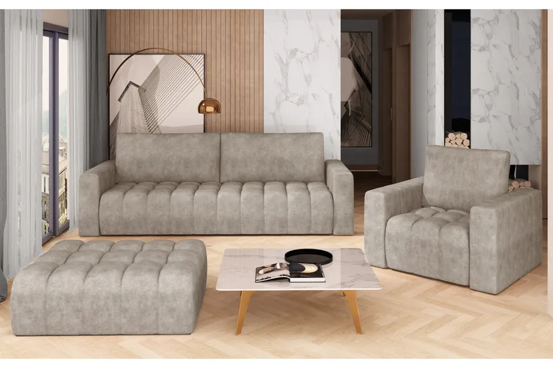 Alazaro Soffgrupp 3-sits + Fåtölj + Pall, Beige