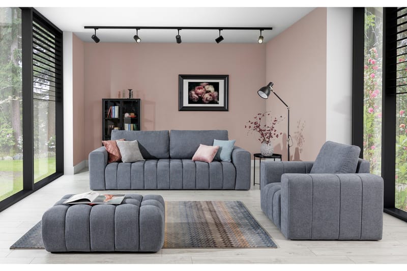 Alazaro Soffgrupp 3-sits + Fåtölj + Pall - Grå - Möbler - Soffa - Soffgrupp