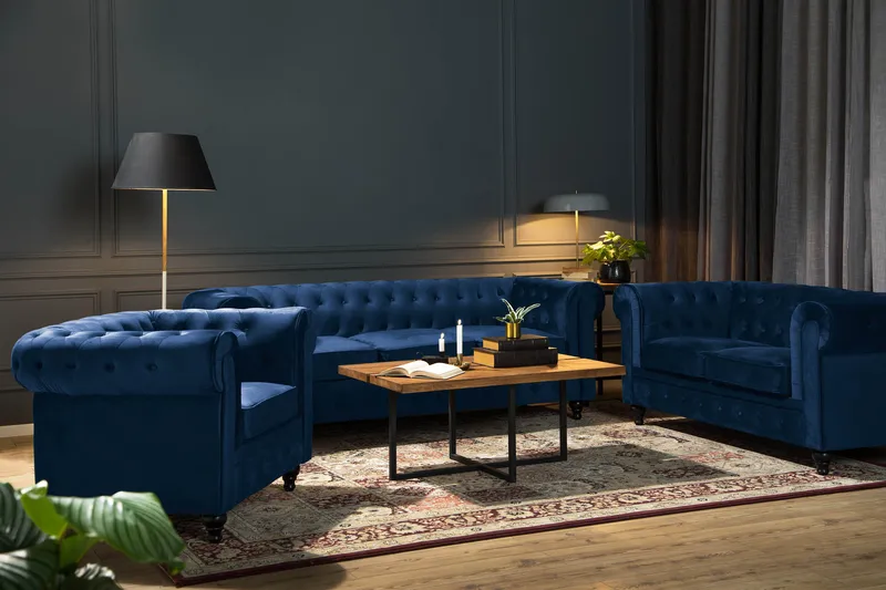 Chesterfield Lyx Soffgrupp 2-sits+3-sits Sammet - Blå - Möbler - Soffa - Soffgrupp - Chesterfield soffgrupp