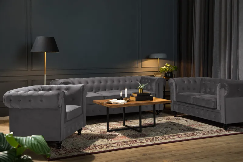 Chesterfield Lyx Soffgrupp 2-sits+Fåtölj Sammet - Grå - Möbler - Soffa - Soffgrupp - Soffgrupp 3 2 1