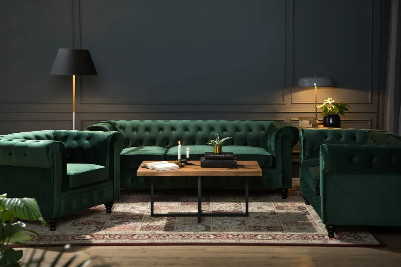 Chesterfield Lyx Soffgrupp 3+2 i Sammet - Grön - Möbler - Soffa - Soffgrupp - Chesterfield soffgrupp