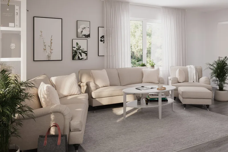 Howard Classic Soffgrupp 3-sits + 2-sits Soffa + Fåtölj + Fotpall i Tyg - Beige - Möbler - Soffa - Soffgrupp - Soffgrupp 3 2 1
