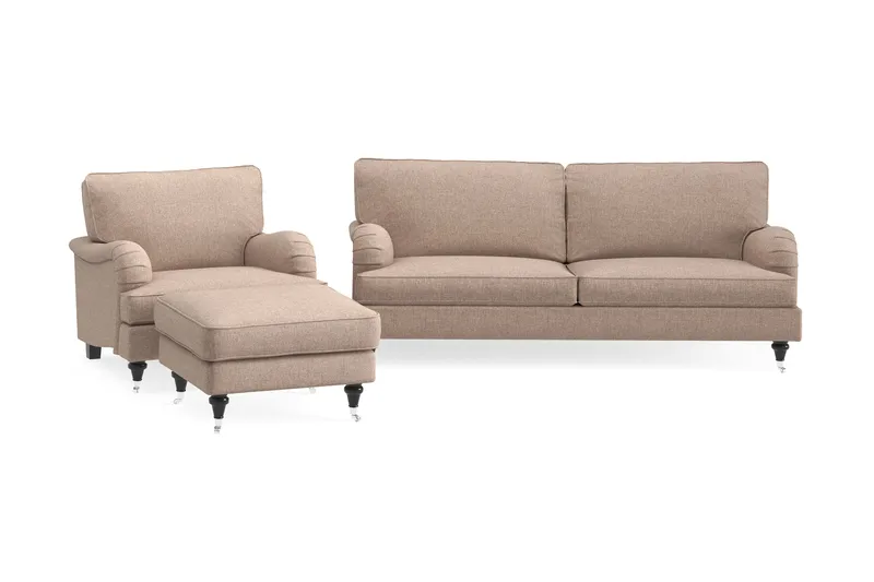 Howard Classic Soffgrupp 3-sits Soffa + Fåtölj + Fotpall i Tyg, Mörkbeige