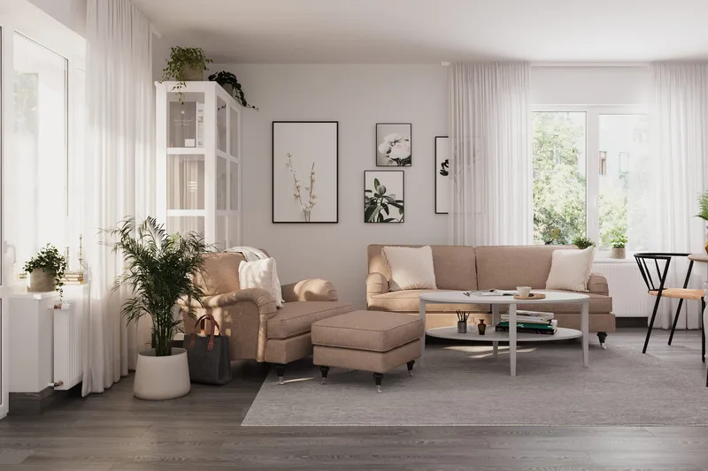 Howard Classic Soffgrupp 3-sits Soffa + Fåtölj + Fotpall i Tyg - Mörkbeige - Möbler - Soffa - Soffgrupp - Soffgrupp 3 2 1