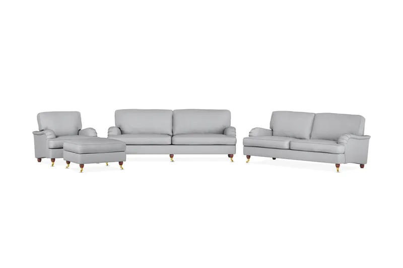 Howard Lyx Soffgrupp 4-sits + 3-sits Soffa + Fåtölj + Fotpall i Tyg, Ljusgrå