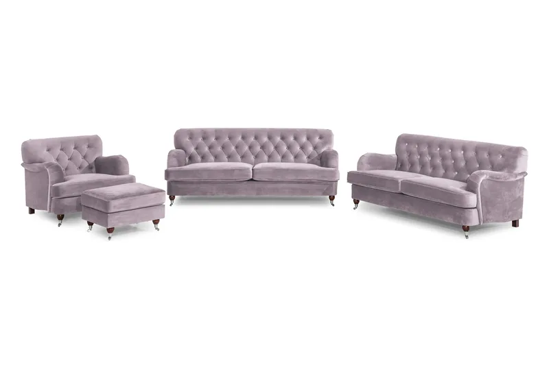 Howard Riviera Soffgrupp 3-sits + 2-sits Soffa + Fåtölj + Fotpall i Sammet - Lila - Möbler - Soffa - Soffgrupp - Soffgrupp 3 2 1
