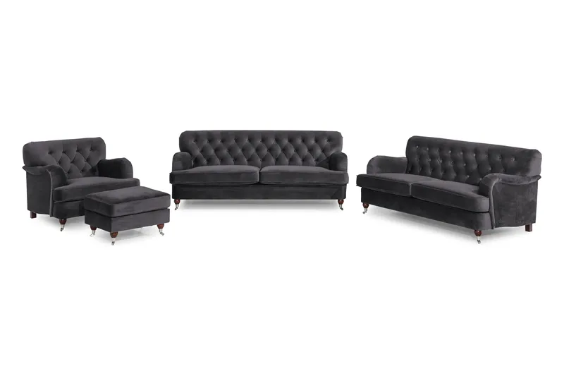 Howard Riviera Soffgrupp 3-sits + 2-sits Soffa + Fåtölj + Fotpall i Sammet, Mörkgrå