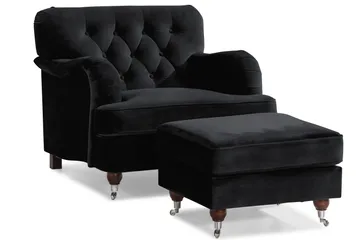 Howard Riviera Soffgrupp Svängd 3-sits + 2-sits Soffa + Fåtölj + Fotpall i Sammet - Svart - Möbler - Soffa - Soffgrupp - Soffgrupp 3 2 1