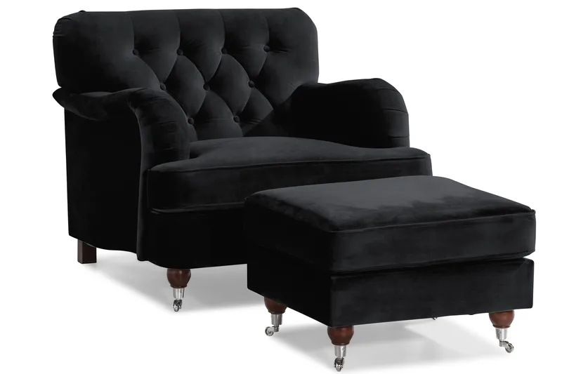 Howard Riviera Soffgrupp Svängd 3-sits + 2-sits Soffa + Fåtölj + Fotpall i Sammet - Svart - Möbler - Soffa - Soffgrupp - Soffgrupp 3 2 1