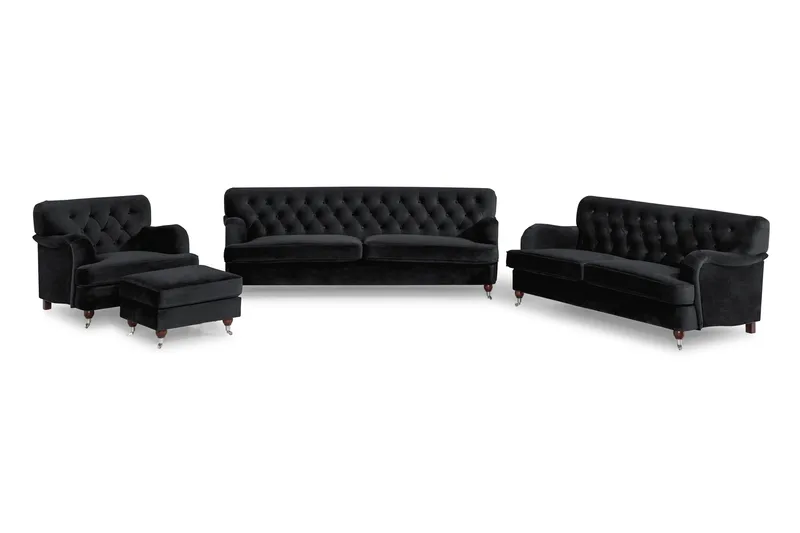 Howard Riviera Soffgrupp Svängd 3-sits + 2-sits Soffa + Fåtölj + Fotpall i Sammet, Svart