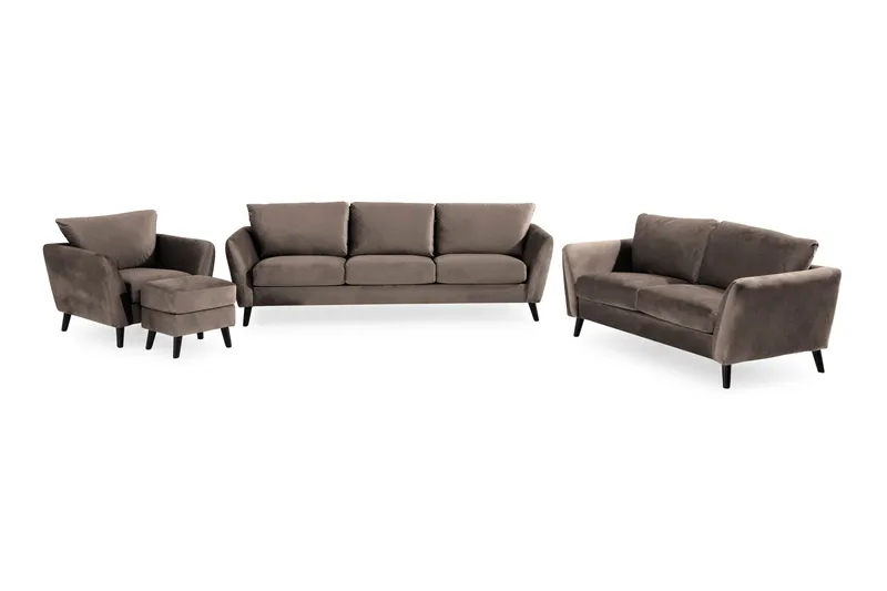 Trend Soffgrupp 3-sits + 2-sits Soffa + Fåtölj + Fotpall i Sammet, Brun