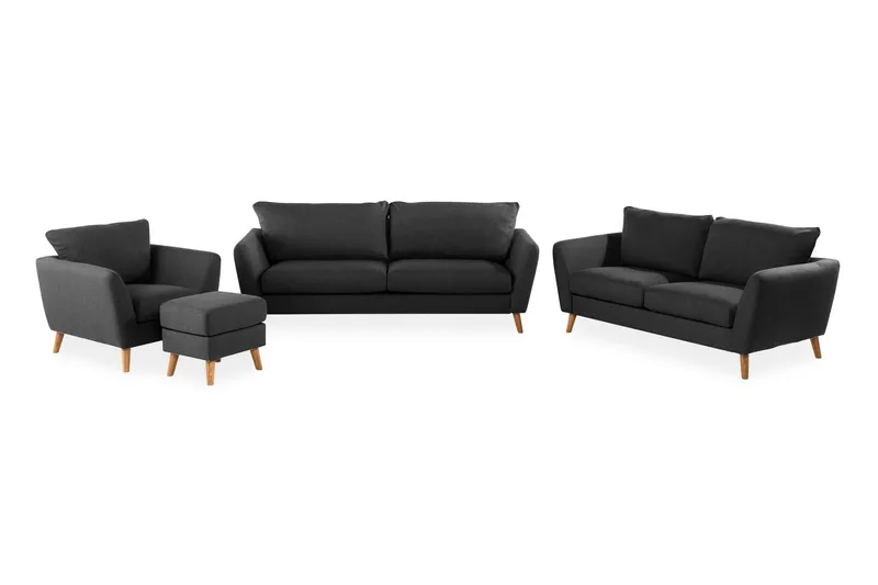 Trend Soffgrupp 3-sits + 2-sits Soffa + Fåtölj + Fotpall i Tyg, Svart