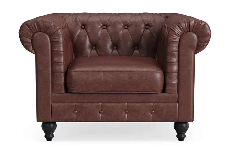 Chesterfield Lyx Stor skön djup fåtölj i konstläder till vardagsrum, Mörkbrun