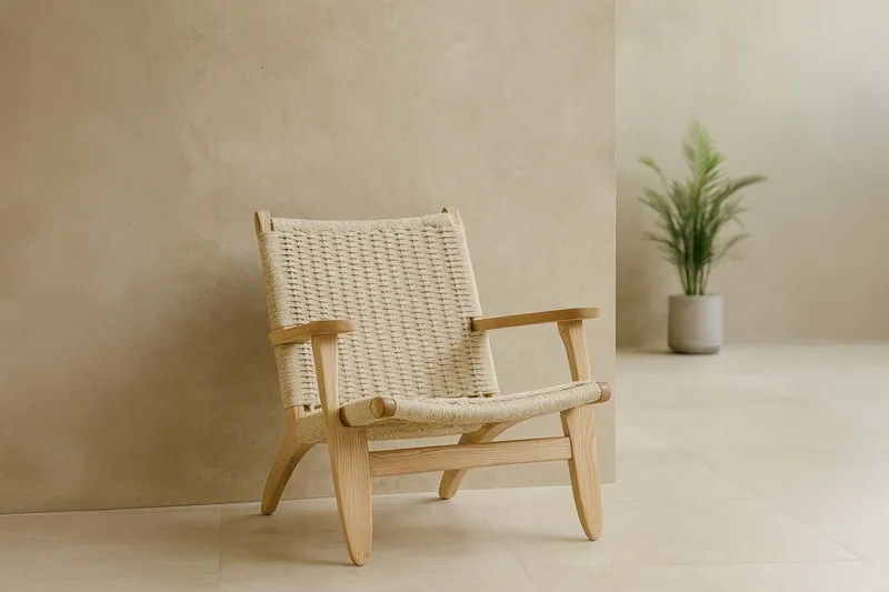 Lazy Fåtölj med Armstöd i Trä med Rottingbakstycke, Beige