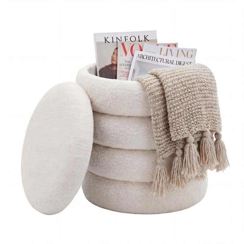 Velik Rund sittpuff med förvaring i teddytyg - ljus kräm - Möbler - Stolar & fåtöljer - Pall & puff - Sittpuff
