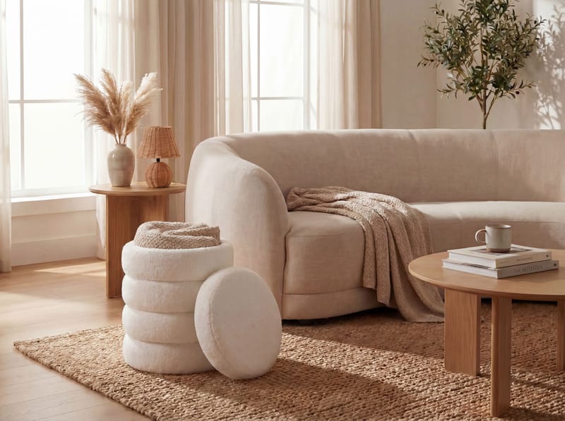 Velik Rund sittpuff med förvaring i teddytyg - ljus kräm - Möbler - Stolar & fåtöljer - Pall & puff - Sittpuff
