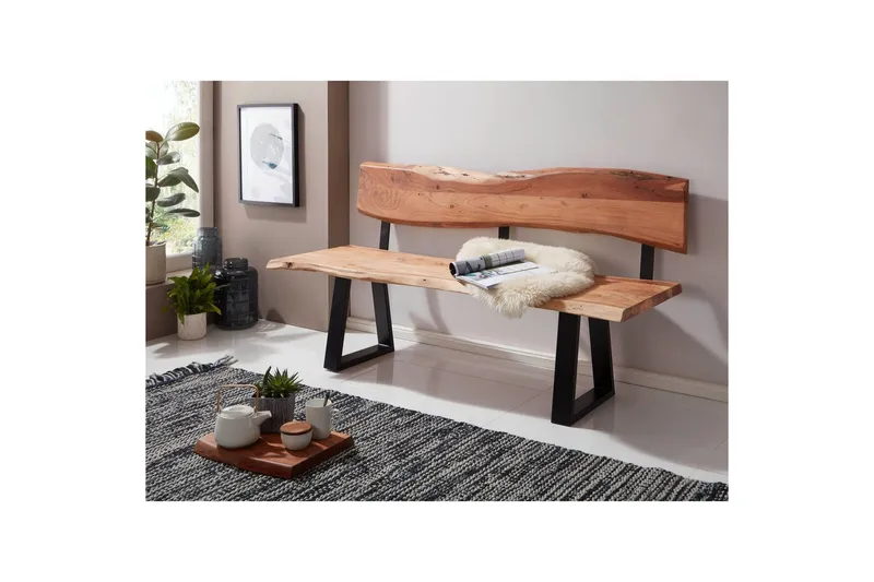Matbänk Wohnling Köksbänk i massivt trä med trädets kant med metallben, lantlig stil Med ryggstöd, 180 cm - Med ryggstöd, 180 cm - Möbler - Stolar & fåtöljer - Sittbänk
