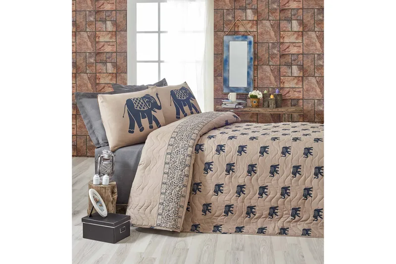 Eponj Home Överkast Enkelt 160x220+Kuddfodral Quiltat, Blå/Ljusbrun