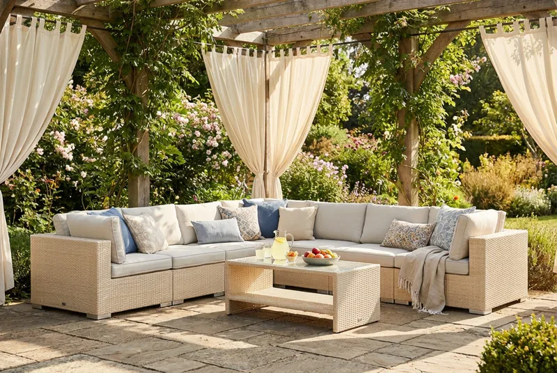 Bahamas utomhus hörnsoffa 7-sits vändbar och bord med hylla - Beige - Utemöbler - Loungemöbler - Soffgrupp utomhus