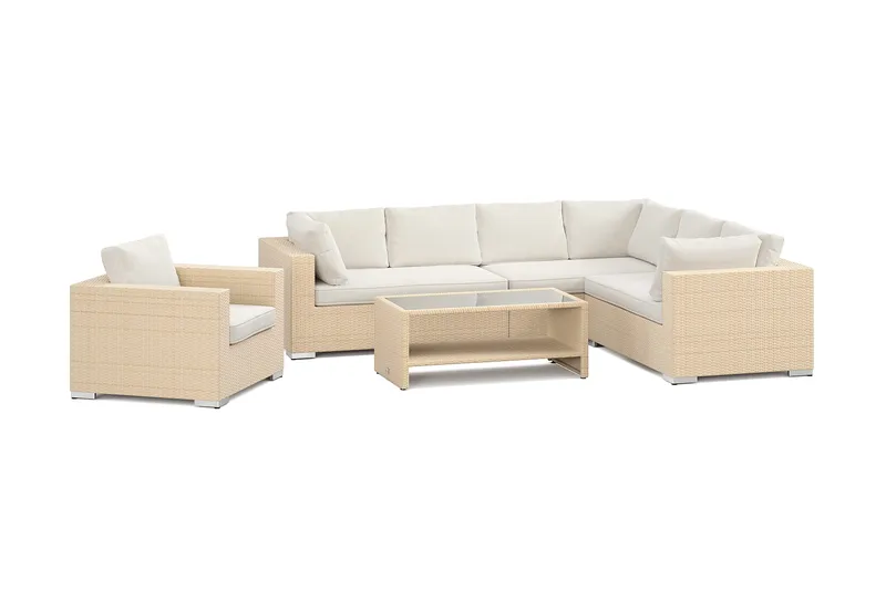 Bahamas utomhus L-soffa höger 7-sits med fåtölj och bord med hylla - Beige - Utemöbler - Loungemöbler - Soffgrupp utomhus