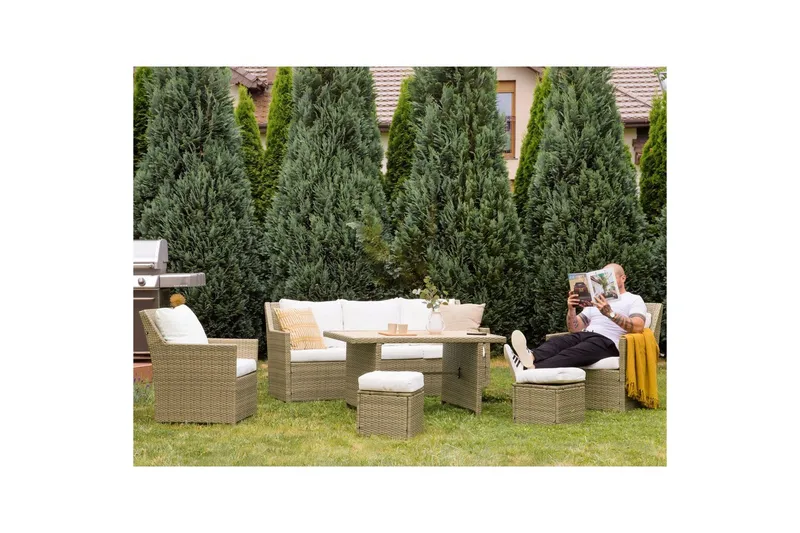 Loungegrupp med bord Fonti Vit/brun - Vit/brun - Utemöbler - Loungemöbler - Soffgrupp utomhus