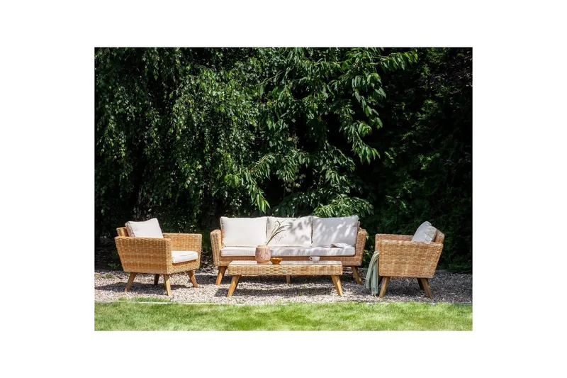 Loungegrupp med bord Vittoria Beige/vit/ljust trä, 5-Sits - Beige/vit/ljust trä, 5-Sits - Utemöbler - Loungemöbler - Soffgrupp utomhus