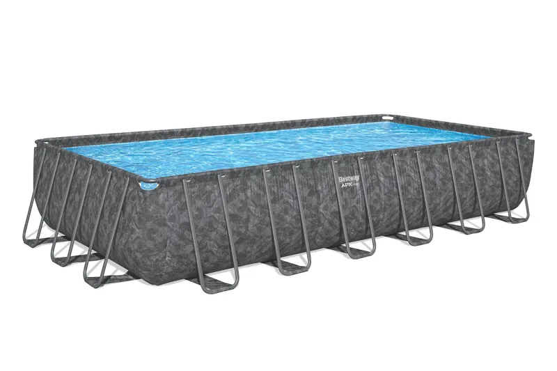 Bestway pool ovan mark 7,32 x 3,66 m – 132 cm djup | APX 365™ Rektangulär Stålpool Set (561KG), Mörkgrå