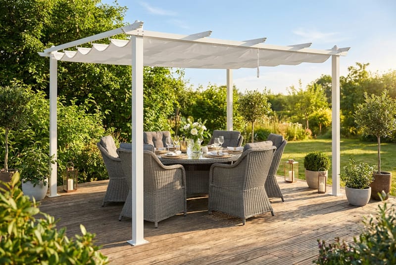 Porto Stor Pergola 4x3 m i aluminium med tak - Vit - Utemöbler - Solskydd - Pergola