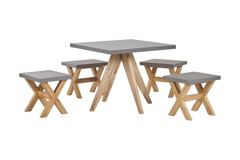 Trädgårdsset av Utebord och 4 pallar 90 x 90 cm OLBIA - Grå - Utemöbler - Utegrupp - Cafeset