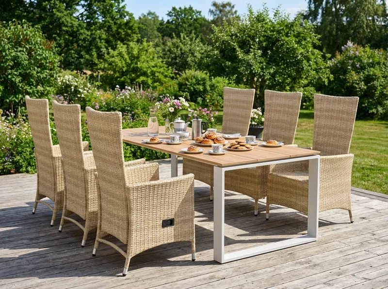 Devon utomhus matgrupp 210x100 cm med 6 Jenny matstolar - Beige/Teak - Utemöbler - Utegrupp - Matgrupp utomhus