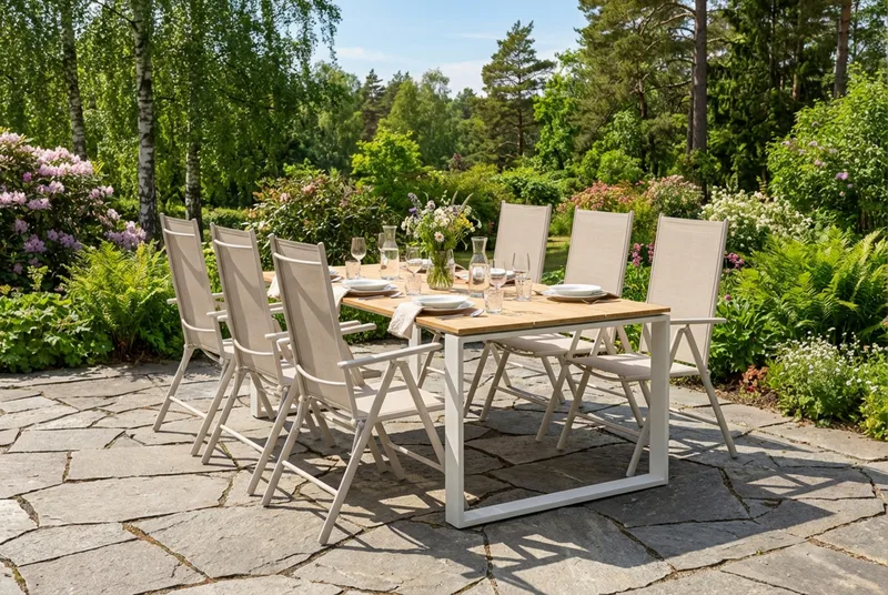 Devon utomhus matgrupp 210x100 cm med 6 Maggie positionsstolar - Beige/Teak - Utemöbler - Utegrupp - Matgrupp utomhus