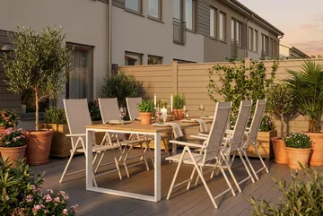 Devon utomhus matgrupp 210x100 cm med 6 Sanna positionsstolar - Beige/Teak - Utemöbler - Utegrupp - Matgrupp utomhus