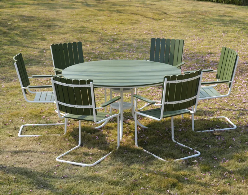 Glänta rund matgrupp utomhus | 6 stolar & Ø135 cm bord | Grön/vit
