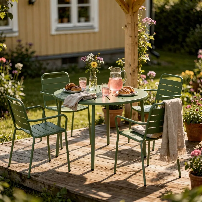 Matgrupp Ute - Stål - Oliv - Runt bord