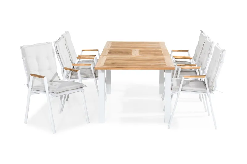 Las Vegas Matgrupp Utomhus 152-210x90 + 6 Karmstolar m Dyna, Teak/Vit