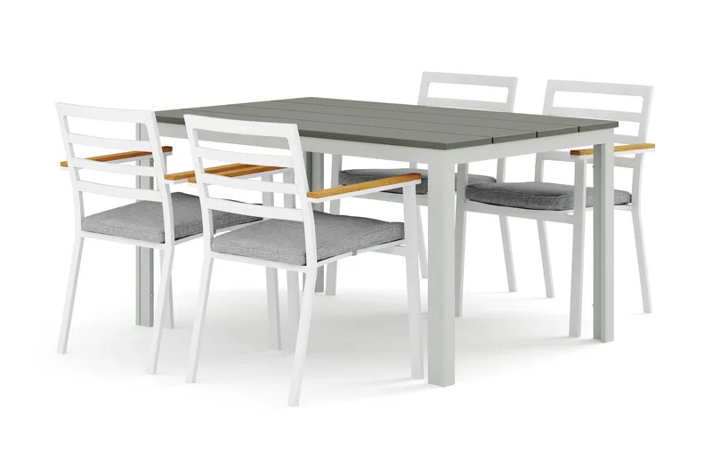 Tunis utomhus matgrupp 140x90 cm med 4 Oliver karmstolar med dyna - Vit/Grå - Utemöbler - Utegrupp - Matgrupp utomhus