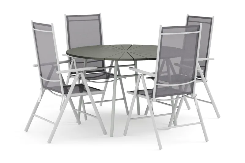 Tunis utomhus rund matgrupp 120 cm med 4 Maggie positionsstolar - Vit/Grå - Utemöbler - Utegrupp - Matgrupp utomhus