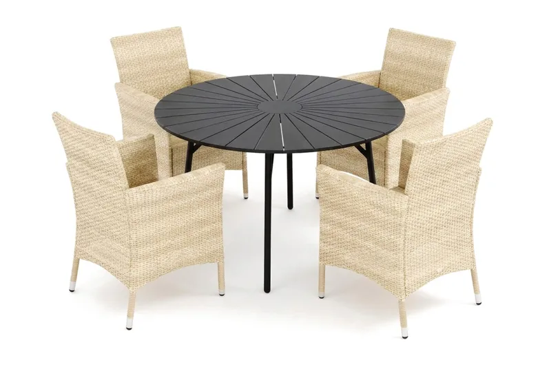 Tunis utomhus rund matgrupp 120 cm med 4 Thor utefåtöljer - Svart/Svart - Utemöbler - Utegrupp - Matgrupp utomhus